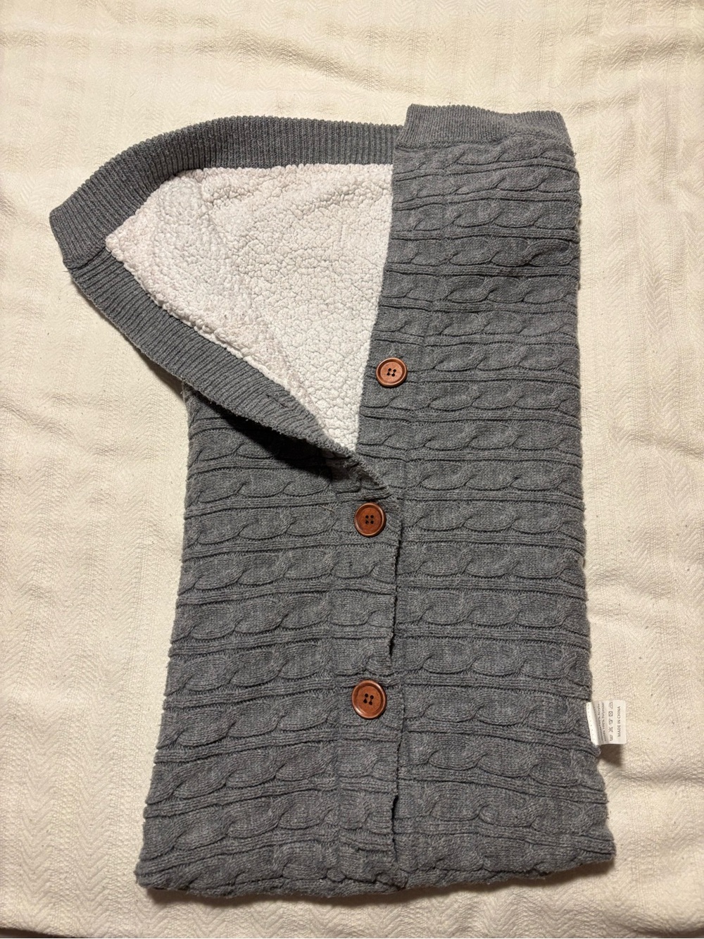 Gray Cable Knit Sherpa-Lined Hooded Wrap with Buttons